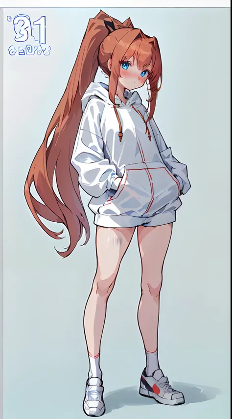 8K，High picture quality，Underage girls of the highest quality，（anime screenshot:1.2）,Correct standing posture，(whaite hair:1.6),High ponytail，wide blue eyes，extremely detailed eye，blushed cheeks，is shy，rosto magro，slimfigure，Long hair，Hair sags naturally，L...