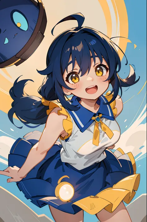 ​masterpiece, top-quality,  middle size breasts、Ultramarine hair、Pony tail、glowing yellow eyes、Bangs between the eyes、Ahoge, sleeveless shirts, skirt by the, The upper part of the body, From  above, Look at viewers, A smile, open open mouth, Rustic village