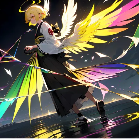 absurderes,((masutepiece)),Solo,beautifull hands,(Shikigami Messenger(Black Angel Wings+Yellow heterochromic eye,Innocent,Beautiful,Mystical,Convoluted,Walking in Kyoto,Colorful refraction,Surreal,Black and infinitely wide sky