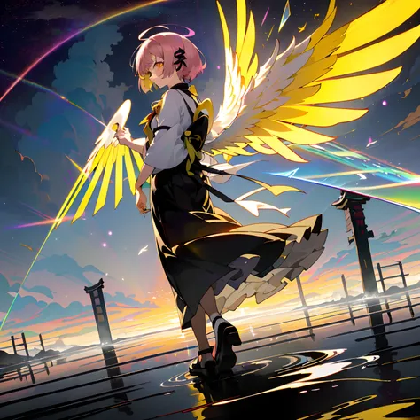 absurderes,((masutepiece)),Solo,beautifull hands,(Shikigami Messenger(Black Angel Wings+Yellow heterochromic eye,Innocent,Beautiful,Mystical,Convoluted,Walking in Kyoto,Colorful refraction,Surreal,Black and infinitely wide sky