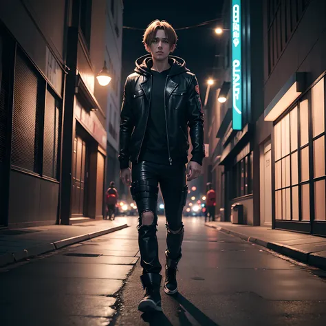 Leon kennedy Anime walk on street at night, see in sky, wearing  black hoodie And cool jacket,Art full body Wallpaper 8K, Anime Art Wallpaper 4K, Anime Art Wallpaper 4K, anime style 4K, Anime wallpaper 4k, Anime wallpapers 4k, Anime Wallpaper 4k, Wallpaper...