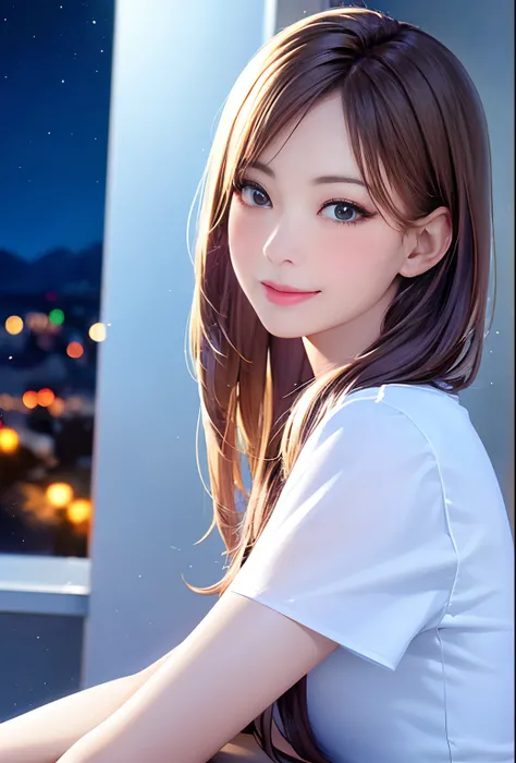 (8k, top quality, masterpiece: 1.2), (realistic, photorealistic: 1.37), super detailed, girl single, cute, solo, midnight, beautiful detailed sky, detailed café, sitting, date, (blush), (smile: 1.15), small breasts (mouth closed), beautiful fine eyes, floa...