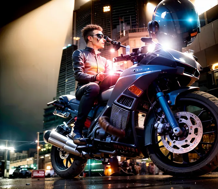 there is a man sitting on a motorcycle with a helmet on, sitting on cyberpunk motorbike, sitting on a motorcycle, sri lankan mad max style, riding a motorbike down a street, motorbiker, riding a motorbike, cinematic shoot, riding a motorcycle, motorcycle, ...