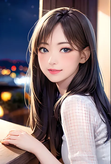 (8k, top quality, masterpiece: 1.2), (realistic, photorealistic: 1.37), super detailed, girl single, cute, solo, midnight, beautiful detailed sky, detailed café, sitting, date, (blush), (smile: 1.15), small breasts (mouth closed), beautiful fine eyes, floa...