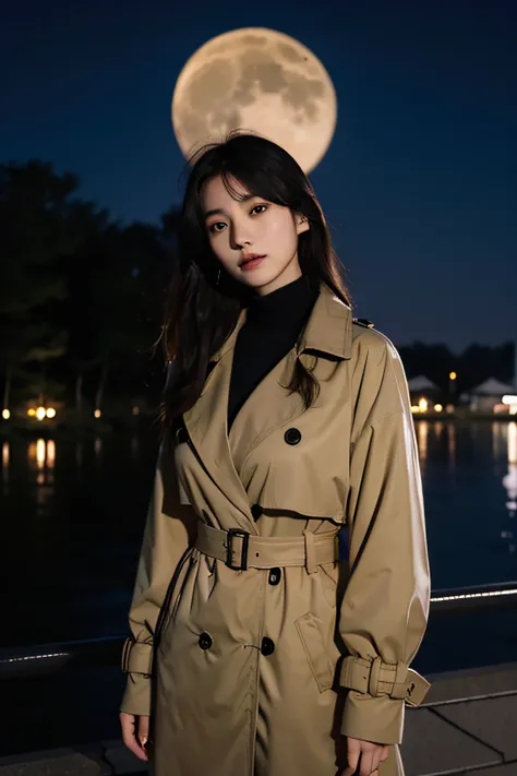 top-quality,Japan woman standing with moon in background,30 year-old woman,Bewitching face,beautiful countenance,Colossal tits,Wearing a trench,turtle neck,Big Moon,