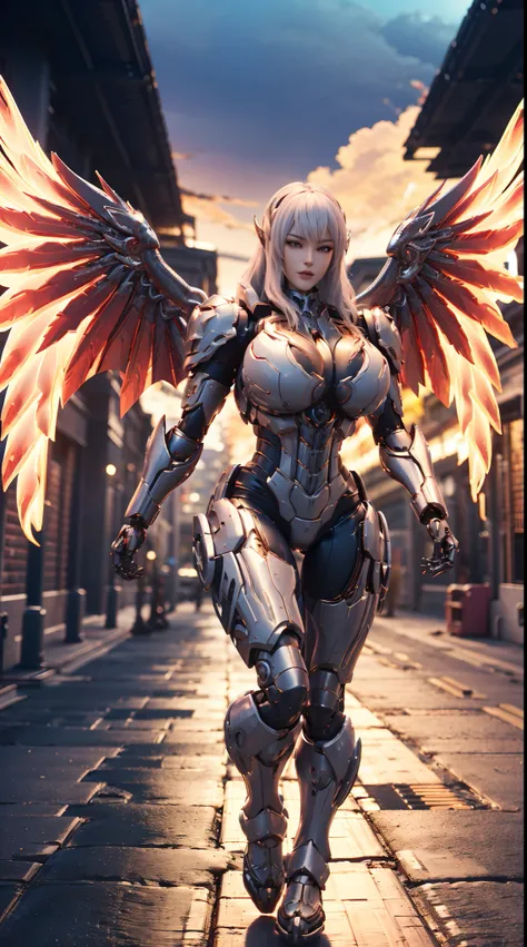 (DRAGON HEAD), HUGE FAKE BOOBS, (BEAUTIFUL FACE), (WHITE HAIR), (RED:1.2, BLACK:0.8, MECHA ARMORED GEAR), (((A PAIR OF HUGE MECHANICAL WINGS SPREAD OUT))), FUTURISTIC DRAGON MECHA SUIT, (CLEAVAGE), (SKINTIGHT YOGA PANTS), (PERFECT BODY:1.2), (FULL BODY VIE...