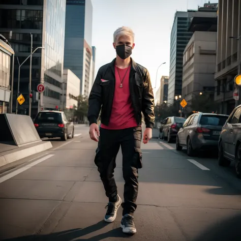 Teen male, (((16yo))), dead inside, yellow black cargo pants, full body view, city, background blur, chromatic aberration, bokeh, skinny body, white hair, ultra realistic, HQ, 8k, square masculine caucassian face, plaid red shirt, mask, chainlet