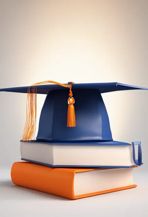 A Photograph: A 3D graduation cap adorned in vibrant shades of orange exudes jubilant energy atop a stack of books. Set against a clean and minimalistic white backdrop, the juxtaposition of dark blue accents with the cap creates a visually striking and sch...