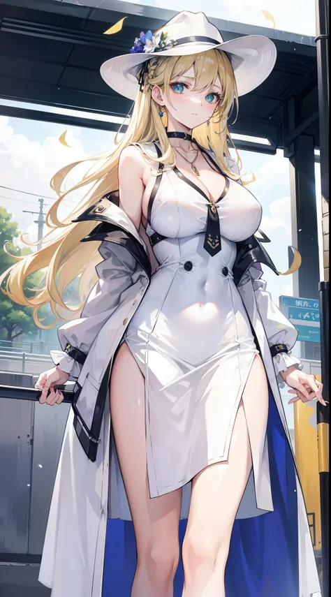 Chains，耳Nipple Ring，choker necklace，Forehead，middle parted hairstyle，femele，Train station，a beauty girl，Long light blonde hair，green pupills，Business suit，white business suit，in suit，White color blouse，short  skirt，wind coat，Cowboy hat，Flower arrangement o...