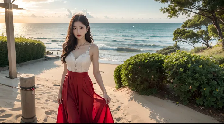 one-girl，Realiy，8K，超高分辨率，Front light，rays of sunshine，suns，photographed，(the sea，sandbeach，visitor，Iot，sea shell，Kayaking，baiyun)，cotton candy， Female celebrities，long whitr hair，(Red evening dress，long  skirt:1.2)，无袖,Hair_decorations, (Solo,solo person：1....