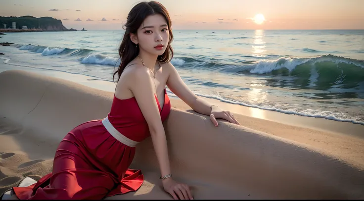 one-girl，Realiy，8K，超高分辨率，Front light，rays of sunshine，suns，photographed，(the sea，sandbeach，visitor，Iot，sea shell，Kayaking，baiyun)，cotton candy， Female celebrities，long whitr hair，(Red evening dress，long  skirt:1.2)，无袖,Hair_decorations, (Solo,solo person：1....