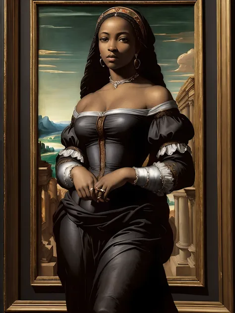 (renaissance oil painting of a beautiful black woman:1.3), best quality, masterpiece, expressive, thrilling, 256k, epic, crepusc...