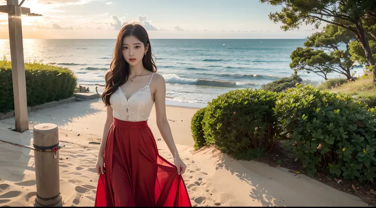 one-girl，Realiy，8K，超高分辨率，Front light，rays of sunshine，suns，photographed，(the sea，sandbeach，visitor，Iot，sea shell，Kayaking，baiyun)，cotton candy， Female celebrities，long whitr hair，(Red evening dress，long  skirt:1.2)，无袖,Hair_decorations, (Solo,solo person：1....