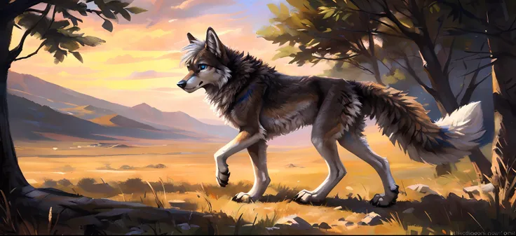 ((Solo)), Male, coyote, (Multi-colored fur, White-brown:1.3，White tail pointed), ((Wolf face, White hair, Big eyes, White eyelids, Blue pupil, Slim:1.2) (Tough, Calm expression:1.2)), Robust，Slim, pinging)), (Correct body anatomy), A big tail，Feet，Longer t...