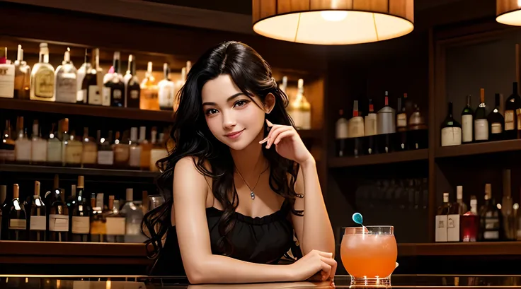 High-definition photos、Dimly lit quiet bar、Woman sitting on chair drinking cocktail at counter、Eye level、There are many drinks on the shelf behind the counter.、long, wavy black hair、Black eyes、A slight smil、Wistful appearance。