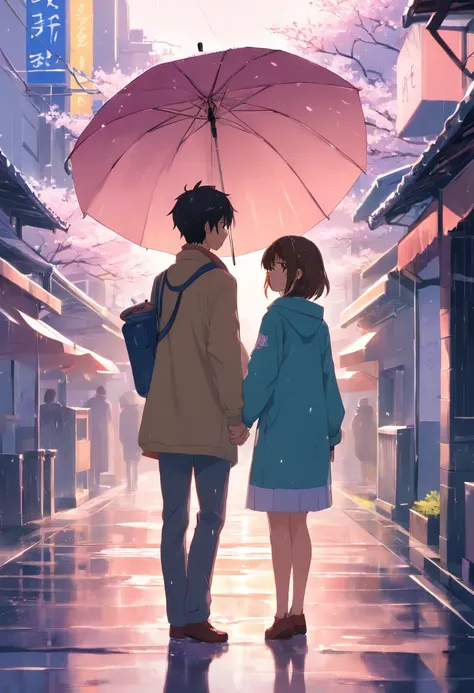 Highest image quality，Outstanding details，超高分辨率，The best illustration，Favor the details，Highly cohesive 1girl，The male protagonist knelt in the rain and begged the female protagonist to go back，The heroine held an umbrella and cherryblossom in the backgrou...