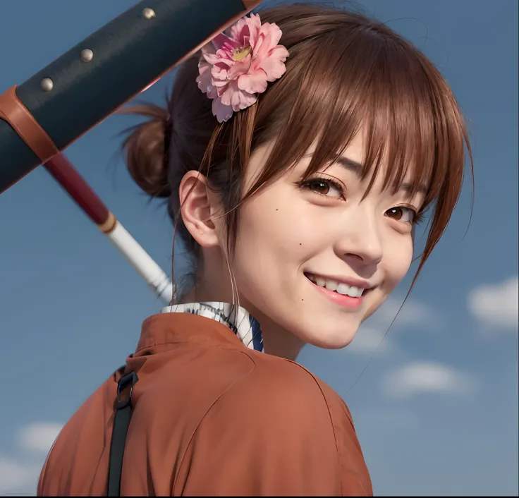 anime image of a smiling woman with a baseball bat in her hand, inspired by Kamisaka Sekka, toru narita, close up iwakura lain, close up of lain iwakura, sougo okita, iwakura lain, shinkai makoto, makoto kano, hijikata toushirou of gintama