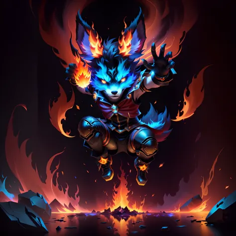 Anime character with fire and flames in a dark room, from league of legends, League of Legends Art Style, league of legends character art, riot games concept art, fox from league of legends chibi, league of legends style art, League of Legends characters, ...