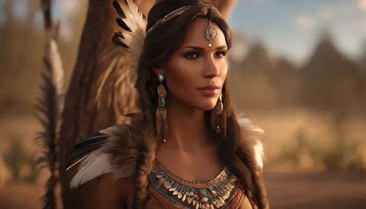 ((masterpiece)), ((best quality)), ((highres)), ((extremely detailed)), ((long shot from top view)), 1 girl as Pocahontas costume, full body, Beautiful Native American woman, mature woman, Big breast, (super realistic), (peerless beauty), detailed skin tex...