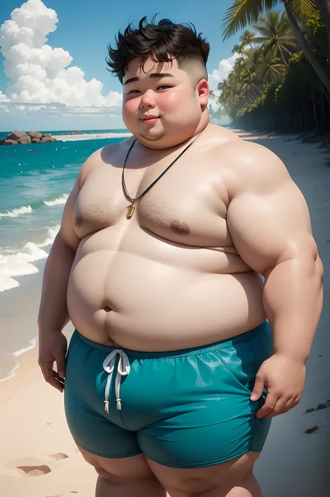 Cute fat boy，Mannequin，beachside， Showing a fair and gentle body，With a smile，teeth showing，adolable