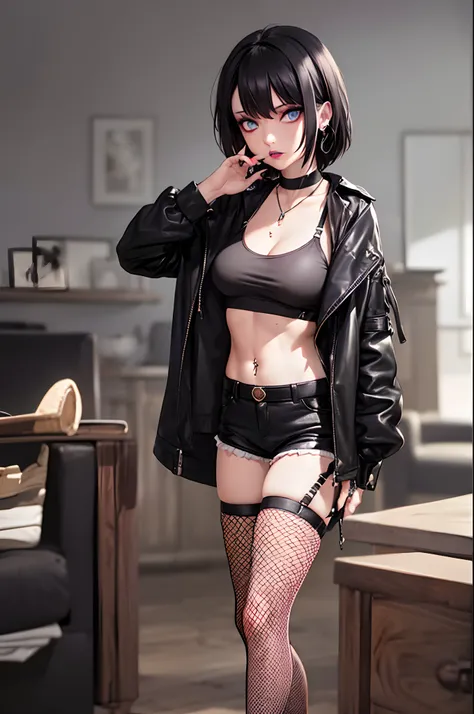 Goth woman, (goth makeup), (brown skin), (a t-shirt and skinny mini shorts), (show under boobs), (fishnet stockings), (navel jewellery), (pierced ears), (pierced lips), blue eyes, short messy black emo hair, (living room background), thick thighs, medium b...