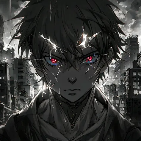 Anime humanoid monster,human,boy, glowing eyes,eye glare, monochrome, close up shot, creating a crack in reality, powerful aura, destroyed city,dark,night,8k,64k, HD, unparalleled masterpiece, dynamic lighting, cinematic, Ambient lighting, epic