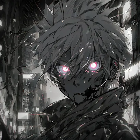 anime humanoid monster,human,boy, glowing eyes,eye glare, monochrome, close up shot, creating a crack in reality, powerful aura,...