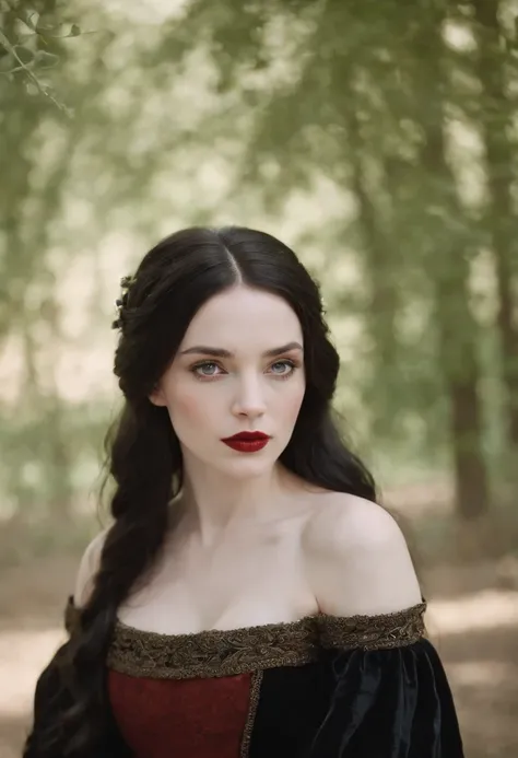 fourteenth century french courtesan beautiful in black clothing.  Pale skin, Black hair, red lips