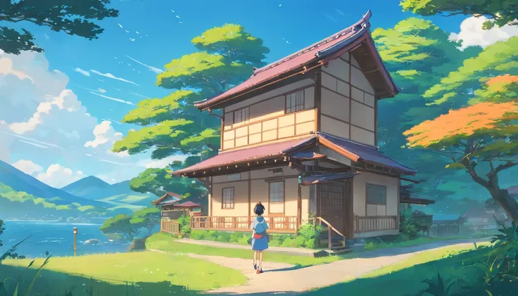 Casas rurales japonesas, Real anime costume design, Viaje de Chihiro, Totoro. detallado, colorido, cielo azul con dragon blanco volando