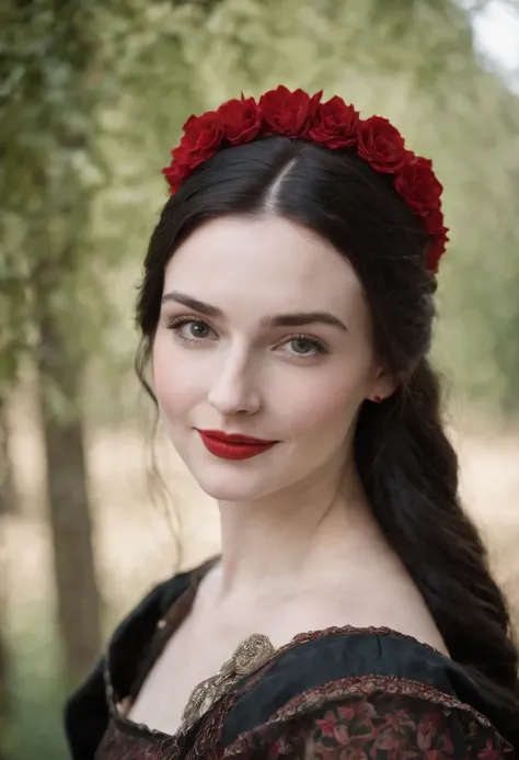 fourteenth century french smiling courtesan beautiful in black clothing.  Pale skin, Black hair, red lips