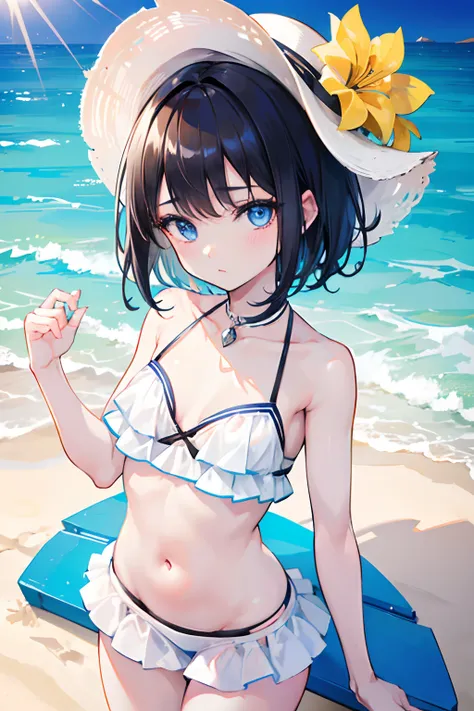 1 girl, short black hair, blue eyes, small chest, wearing a white bikini, wearing a yelow beach hat, beach, ultrasharp, 8k, masterpiece