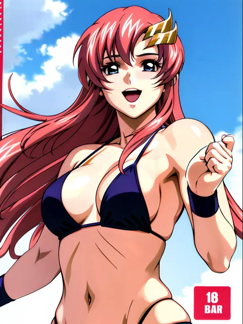 (masterpiece, upper body view, 4K, Best Quality, Anime style: 1.9,, Adult Woman, ultra detailed face, (cloud background, wrestling), Drawing lines, high resolution, Anime, lacus4), 1girl, Solo, curvy figure, Long hair, 鎖骨, scapular, (Detailed wide hair ban...