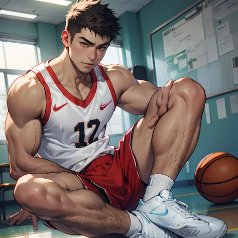 Physical Education Student，Nike basketball suit，vests，white short socks，without wearing shoes，A youth，Asian people，Male high school students，Bedrooms，On the floor，with brown skin，Relaxed expression，Hot gas，Keep ones mouth shut，Abs，full bodyesbian，solo pers...