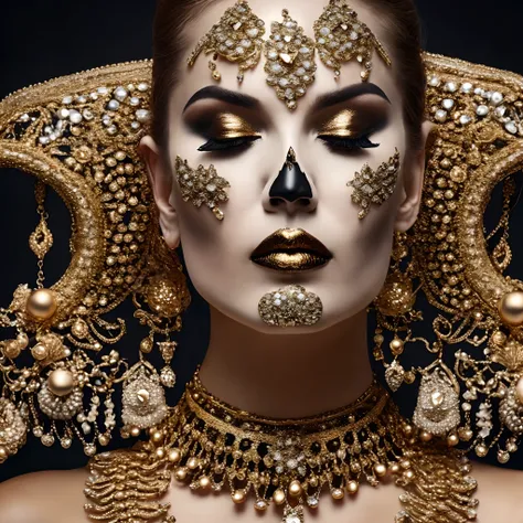 woman dressed golden and gold makeup,in the style of skull motifs,covered in luxurious jewelry, jewelry, luxury, dark white and dark bronze, jewelry by painters and sculptors,high details,realistic,ultra intricate detailing, 8k, Cinematic Lighting, cinemat...