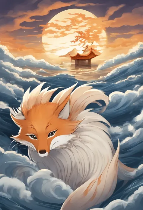 Sign at bottom left, masutepiece, a dolphin, of the highest quality,The Nine-Tailed Fox、It is a type of fox that appears in Japan legends and myths。The Nine-Tailed Fox、Typically、Has nine tails、It is said to have a very long life and very high intelligence....