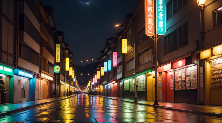 Fondo de patalla de una ciudad neopunk por la noche cultura japonesa letreros luminosos,farolas con lus amarilla tenue y el piso mojado por la lluvia