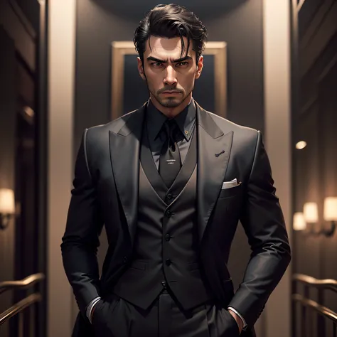 Detailed portrait of a person in an elegant suit, serious looking, looking directly at the camera, standing straight, straight hands, square jaws, masculine face, wrinkles, black appearance, wearing a formal suit, detailed clothing texture, realistic skin ...