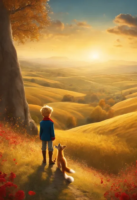 The Little Prince is looking down at a golden field from a hill with the fox. The fox misses the Little Prince. The Little Prince is a human and is wearing blue pants and a red vest.