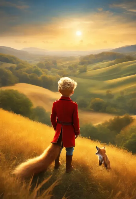 The Little Prince is looking down at a golden field from a hill with the fox. The fox misses the Little Prince. The Little Prince is a human and is wearing blue pants and a red vest.