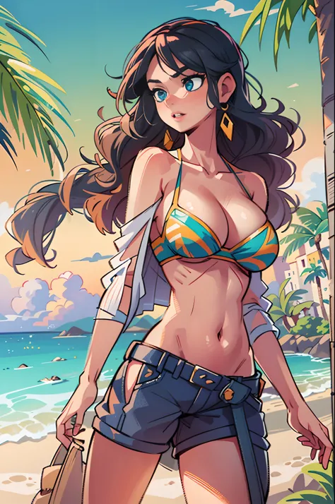 nico robin,full pose,bikini,detailed eyes,detailed lips,extremely detailed face,long eyelashes,curly hair,confident expression,fit and toned body,tropical beach background,beautiful sunset lighting,soft sand,clear turquoise water,beach chair,floating cocon...