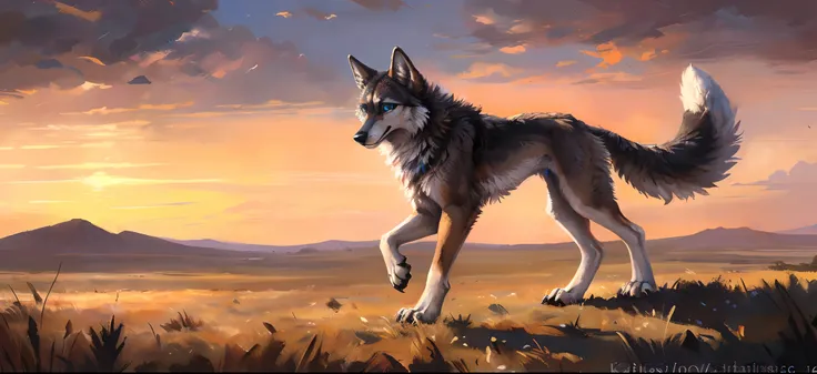 ((Solo)), Male, coyote, (Multi-colored fur, White-brown:1.3，White tail pointed), ((Wolf face, White hair, Big eyes, White eyelids, Blue pupil, Slim:1.2) (Tough, Calm expression:1.2)), Robust，Slim, pinging)), (Correct body anatomy), A big tail，Feet，Longer t...