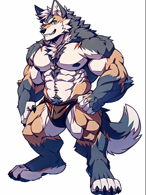 Human-wolf，musculous，Hairy all over，clawed paws，erect through