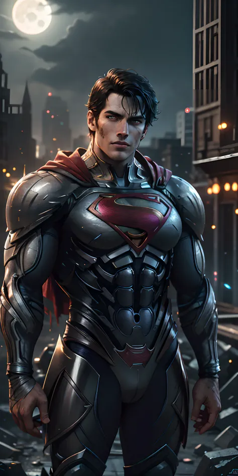 Superman from man of Steel stands imposing in a abandoned haunted lost city. Moonlight highlights your muscles and scars. The scenery is lush and mysterious, with dark city and surroundings. The camera details everything, a warrior woman, in front of him.