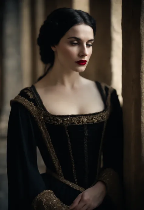 fourteenth century french courtesan beautiful in black clothing.  Pale skin, Black hair, red lips