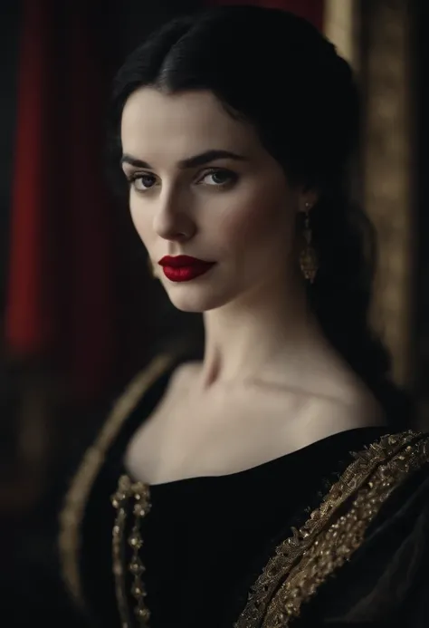 fourteenth century french courtesan beautiful in black clothing.  Pale skin, Black hair, red lips