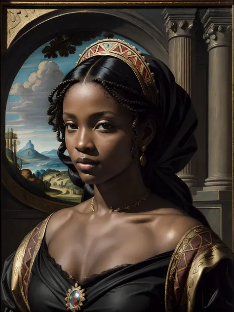 (renaissance oil painting of a beautiful black woman:1.3), best quality, masterpiece, expressive, thrilling, 256k, epic, crepusc...