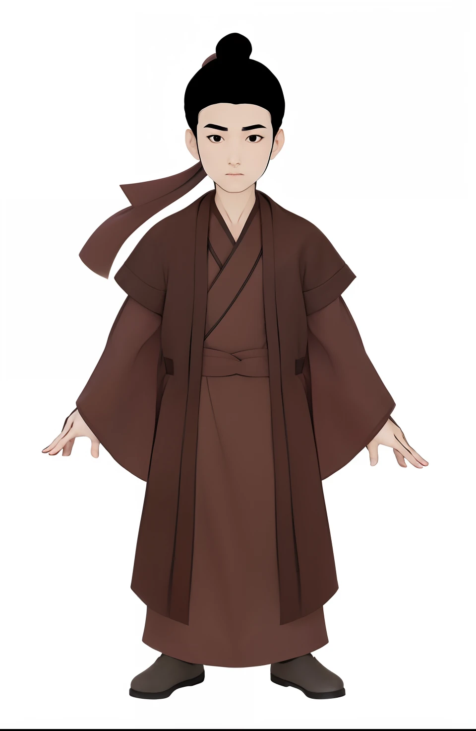 Cartoon IP, Graphic illustration, Full-body portrait on the front, He is Chinese, male people, Hanfu, Stand head-on, The face is well defined, largeeyes, Short beard, Black balls with short hair, Brown-gray robe, Vests and long shirts, solid color backdrop...