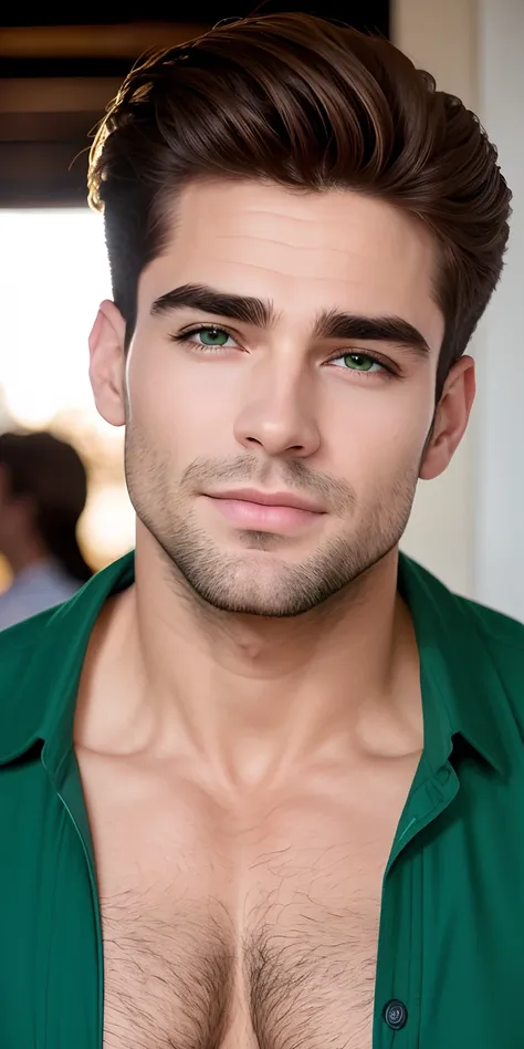 homem branco, cabelos loiros curto, olhos verdes, dentes perfeitos, cara de esnobe, pelo rubio