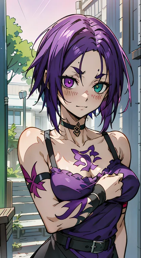 masutepiece, Best Quality, Ultra-detailed, Colorful,Up-close, Hyper-detailing，purple color  hair, Reo Mikage, Blue Lock, no sleeves, Camisole and cheongsam, chinese clothes, Chest exposure, Underwear, Ruffled underwear, Metamorphosis is exposed, Choker, Bl...