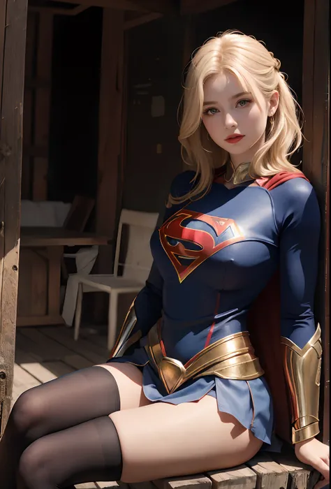 4k, Realistic, Charismatic, Very detailed, Theres a blonde girl in the sky, vestido com uma fantasia de super menina, shes a super girl, superhero theme, cabelos curtos loiros, rabo-de-cavalo, 20 anos, corpo inteiro, (detalhe nos olhos), (detalhe no rosto)...